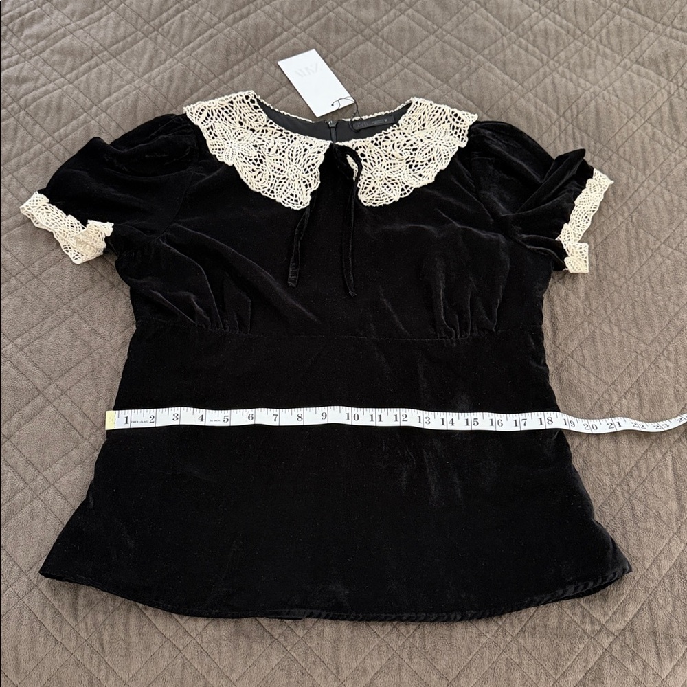 Zara NWT Black Velvet Crochet Bow Top/Shirt/Blouse size XL - Picture 16 of 17